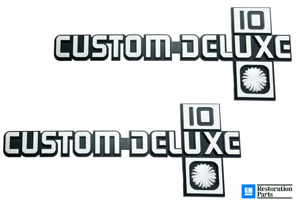 81-87 Chevy C10 Truck LH/RH "CUSTOM DELUXE 10" Fender Emblems Pair with Fasteners