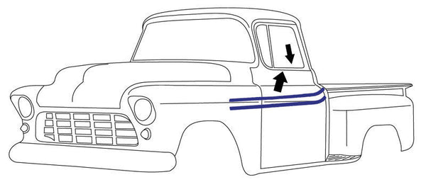 55-59 Chevy Truck Door Beltline Molding Kit 1-PC Glass No Vent Window