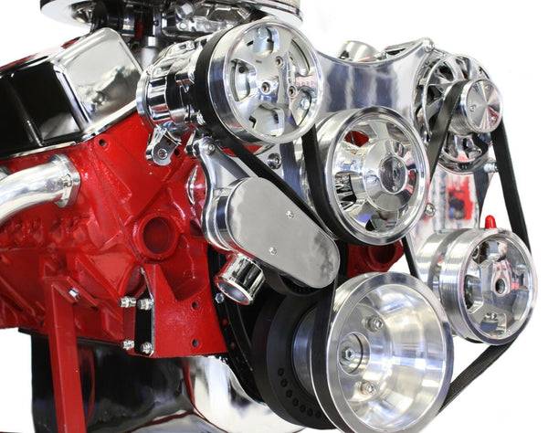 SBC Serpentine Front Runner Pulley Drive Kit Polished/Chrome A/C Alternator P/S