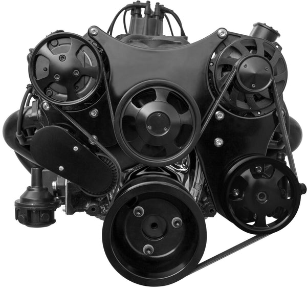 Black SBC Complete Serpentine Front Pulley Drive System Billet Bracket Kit