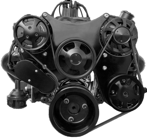 Black SBC Complete Serpentine Front Pulley Drive System Billet Bracket Kit
