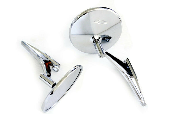 Chevy Car or Truck LH & RH Side Round Chrome Rear View Door Mirrors with Bowtie