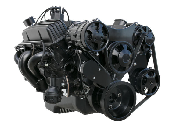 Black SBC Complete Serpentine Front Pulley Drive System Billet Bracket Kit