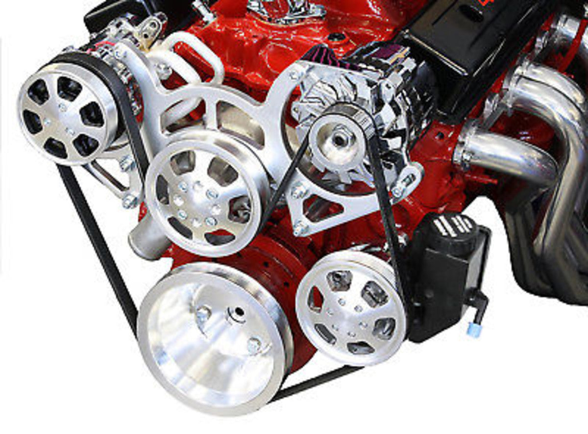 SBC Serpentine Front Runner Pulley Drive Kit Polished/Chrome A/C Alternator P/S