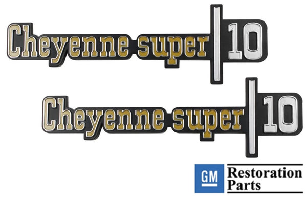 73-76 Chevy C10 Truck LH/RH "Cheyenne Super 10" Fender Emblems Pair **U.S.A.**